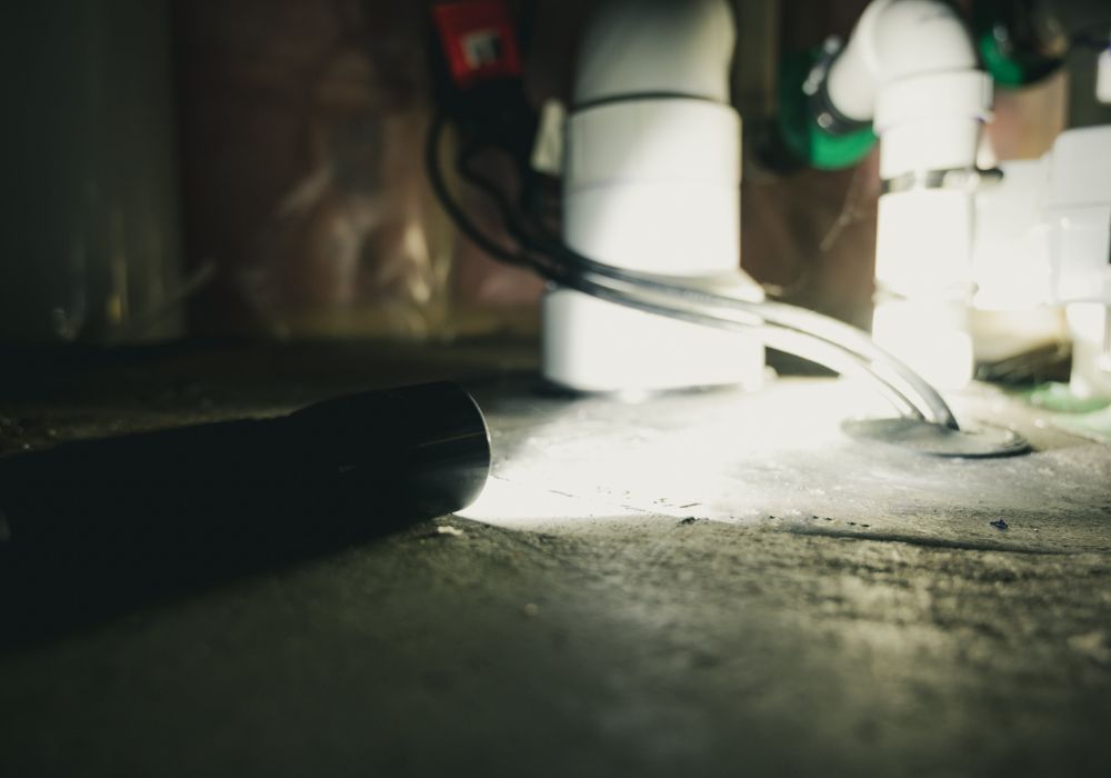 Flashlight illuminating a crawl space at risk for radon exposure.
