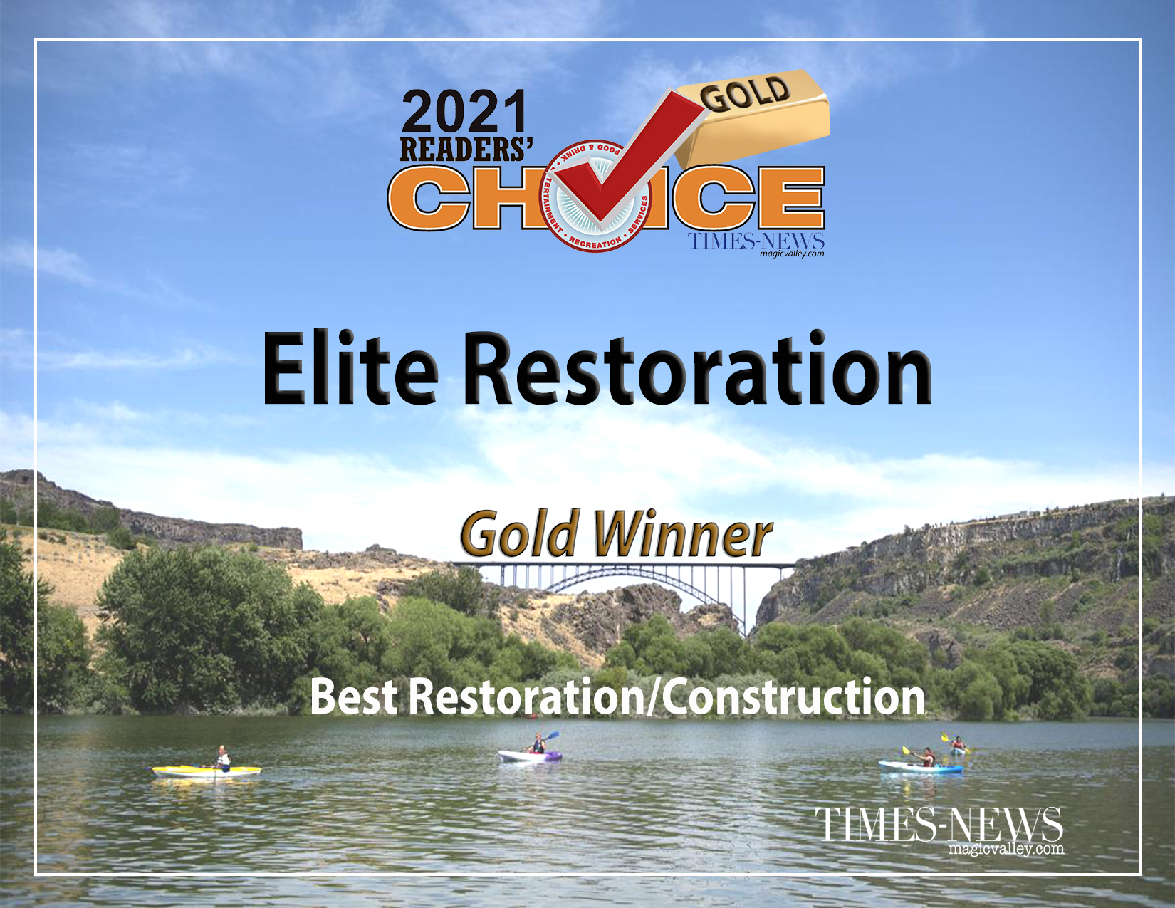 Elite Restoration Gold Winner award from 2021 readers choice.