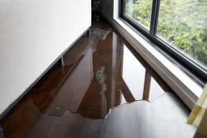 sitting water on a hard wood floor in need of water damage restoration service