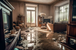 water damage in a home's living room